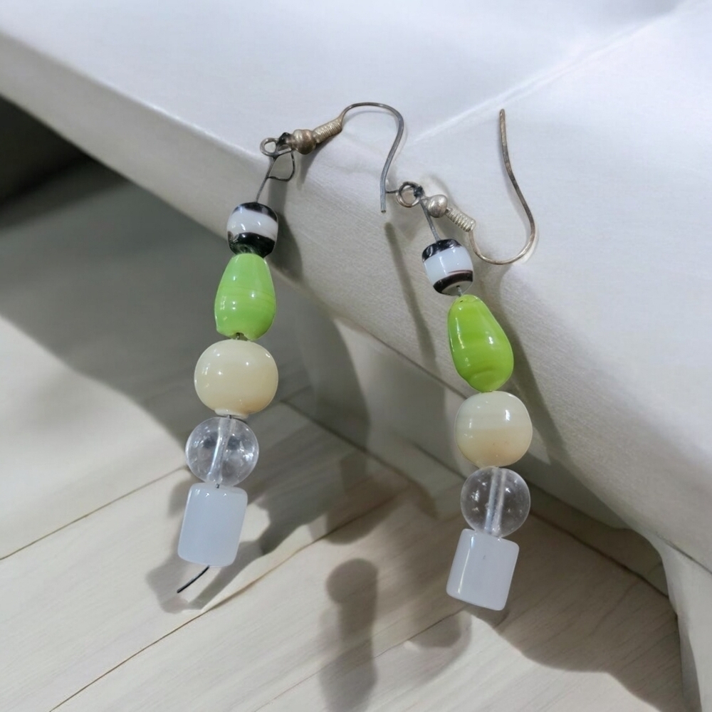 Green and cream bead earrings